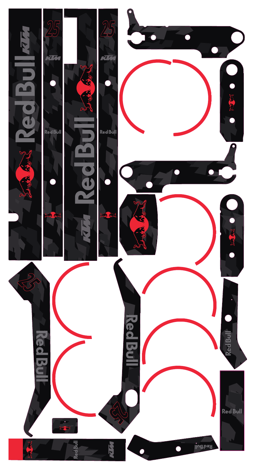 Red Bull KTM - RED graphics for Kukirin G4: body graphics and wheel-rim stickers, flat artwork preview