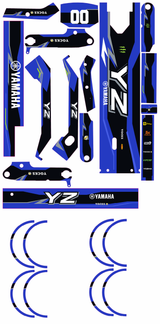 Yamaha Blue YZ graphics for Kukirin G2: body graphics and wheel-rim stickers, flat artwork preview